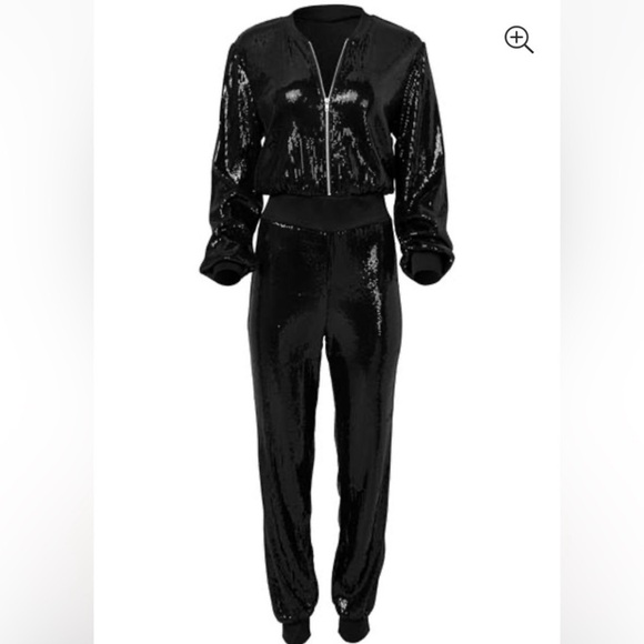 Venus black sequin jumpsuit long sleeve track suit one piece zip front Size XS - Picture 3 of 9
